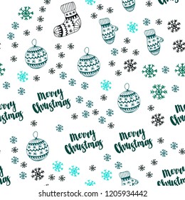 Dark Blue, Green vector seamless cover with beautiful snowflakes, balls, socks, mittens. Glitter abstract illustration with gradient. Pattern for trendy fabric, wallpapers.