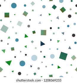 Dark Blue, Green vector seamless background with triangles, circles, cubes. Circles, lines, rhombus with colorful gradient. Template for business cards, websites.