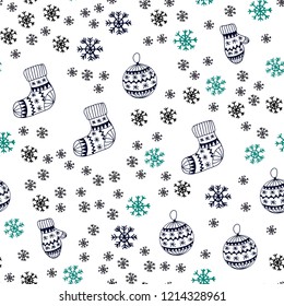 Dark Blue, Green vector seamless texture with colored snowflakes, balls, socks, mittens. Glitter abstract illustration with gradient. Pattern for trendy fabric, wallpapers.