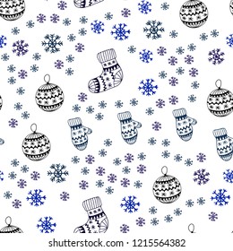 Dark Blue, Green vector seamless texture with colored snowflakes, balls, socks, mittens. Shining colorful illustration in christmas style. Template for business cards, websites.