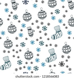 Dark Blue, Green vector seamless template with ice snowflakes, balls, socks, mittens. Shining colorful illustration in christmas style. Design for wallpaper, fabric makers.