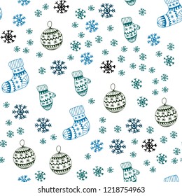 Dark Blue, Green vector seamless layout with bright snowflakes, balls, socks, mittens. Colorful xmas elements with gradient. Pattern for trendy fabric, wallpapers.