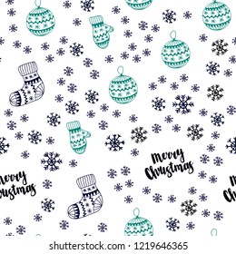 Dark Blue, Green vector seamless cover with beautiful snowflakes, balls, socks, mittens. Shining colorful illustration in christmas style. Texture for window blinds, curtains.