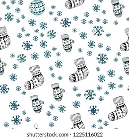 Dark Blue, Green vector seamless pattern with christmas snowflakes, balls, socks, mittens. Modern geometric abstract illustration. Pattern for design of fabric, wallpapers.