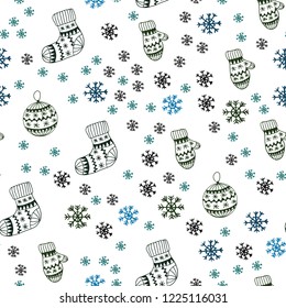 Dark Blue, Green vector seamless pattern with christmas snowflakes, balls, socks, mittens. Modern geometric abstract illustration. Template for business cards, websites.