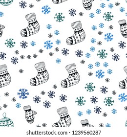 Dark Blue, Green vector seamless layout with bright snowflakes, balls, socks, mittens. Colorful decorative design in xmas style. Design for wallpaper, fabric makers.