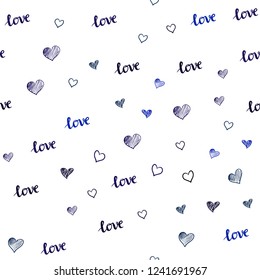 Dark Blue, Green vector seamless background with words of love, hearts. Design in doodle style with text LOVE YOU, hearts. Design for textile, fabric, wallpapers.