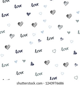 Dark Blue, Green vector seamless pattern with phrase LOVE YOU, hearts. Illustration with words of love, hearts in abstract style. Design for wallpaper, fabric makers.