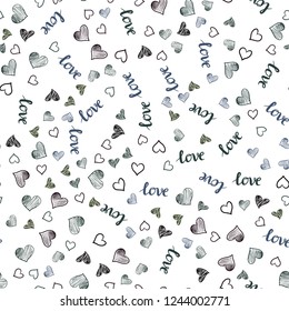 Dark Blue, Green vector seamless pattern with phrase LOVE YOU, hearts. Illustration with words of love, hearts in abstract style. Design for wallpaper, fabric makers.