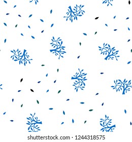 Dark Blue, Green vector seamless natural artwork with leaves, branches. Sketchy doodles on white background. Pattern for design of fabric, wallpapers.