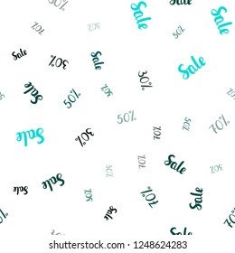 Dark Blue, Green vector seamless texture with selling prices 30, 50, 70 %. Colored words of sales with gradient on white background. Backdrop for super sales on Black Friday.
