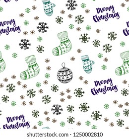 Dark Blue, Green vector seamless template with ice snowflakes, balls, socks, mittens. Colorful decorative design in xmas style. Pattern for design of fabric, wallpapers.