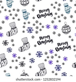 Dark Blue, Green vector seamless cover with beautiful snowflakes, balls, socks, mittens. Modern geometric abstract illustration. Template for business cards, websites.