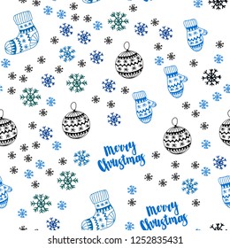 Dark Blue, Green vector seamless texture with colored snowflakes, balls, socks, mittens. Colorful decorative design in xmas style. Design for textile, fabric, wallpapers.