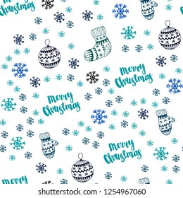 Dark Blue, Green vector seamless pattern with christmas snowflakes, balls, socks, mittens. Shining colorful illustration in christmas style. Design for textile, fabric, wallpapers.