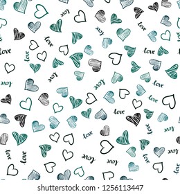 Dark Blue, Green vector seamless background with words of love, hearts. Colorful gradient phrase LOVE YOU, hearts in abstract style. Pattern for design of fabric, wallpapers.