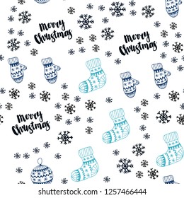 Dark Blue, Green vector seamless texture with colored snowflakes, balls, socks, mittens. Colorful illustration with xmas symbols. Design for wallpaper, fabric makers.
