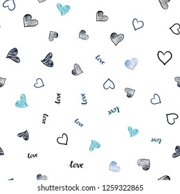 Dark Blue, Green vector seamless texture with words LOVE YOU, hearts. Design in doodle style with text LOVE YOU, hearts. Template for business cards, websites.