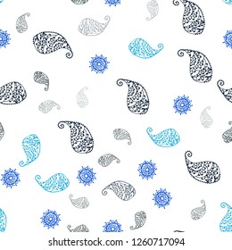 Dark Blue, Green vector seamless doodle pattern with leaves and flowers. Abstract illustration with leaves, flowers in doodles style. Texture for window blinds, curtains.