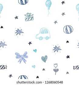 Dark Blue, Green vector seamless texture with birthday gifts. Abstract illustration with a toy car, heart, baloon, tulip, candy, ball. Design for holiday adverts.