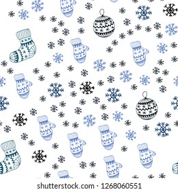 Dark Blue, Green vector seamless cover with beautiful snowflakes, balls, socks, mittens. Modern geometric abstract illustration. Template for business cards, websites.