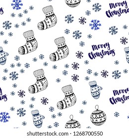 Dark Blue, Green vector seamless template with ice snowflakes, balls, socks, mittens. Glitter abstract illustration with gradient. Design for wallpaper, fabric makers.