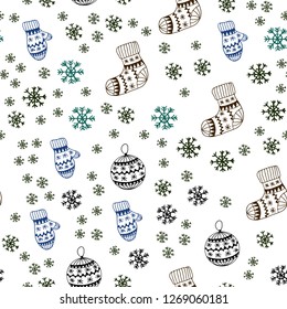 Dark Blue, Green vector seamless texture with colored snowflakes, balls, socks, mittens. Shining colorful illustration in christmas style. Design for textile, fabric, wallpapers.