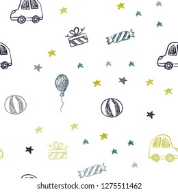 Dark Blue, Green vector seamless template in carnival style. Colorful illustration with a toy car, baloon, candy, star, ball. Pattern for carnival, festival ads.