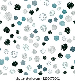 Dark Blue, Green vector seamless abstract background with leaves, flowers. Leaves and flowers with gradient on white background. Texture for window blinds, curtains.