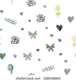 Dark Blue, Green vector seamless layout in new year style. Illustration with a gradientheart, baloon, candy, gift, star, ribbon. Template for new year postcards.