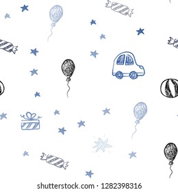 Dark Blue, Green vector seamless backdrop in holiday style. Abstract illustration with a toy car, baloon, candy, star, ball. Design for holiday adverts.