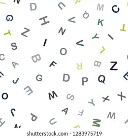 Dark Blue, Green vector seamless backdrop with english symbols. Blurred design in simple style with signs of alphabet. Texture for window blinds, curtains.
