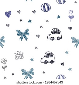 Dark Blue, Green vector seamless texture with birthday gifts. Abstract illustration with a toy car, heart, baloon, tulip, candy, ball. Design for holiday adverts.