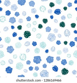 Dark Blue, Green vector seamless natural backdrop with leaves, flowers. Shining colored illustration with leaves and flowers. Pattern for design of fabric, wallpapers.
