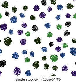 Dark Blue, Green vector seamless doodle background with leaves. Shining colored illustration with leaves in doodle style. Texture for window blinds, curtains.