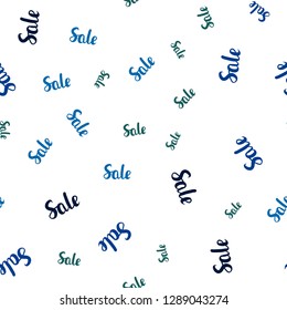 Dark Blue, Green vector seamless texture with selling simbols. Colored words of sales with gradient on white background. Backdrop for super sales on Black Friday.