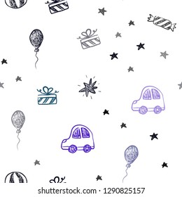 Dark Blue, Green vector seamless template in carnival style. Illustration with a gradient toy car, baloon, candy, star, ball. Template for new year postcards.