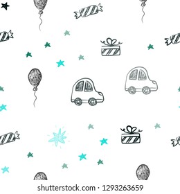 Dark Blue, Green vector seamless background in xmas style. Colorful illustration with a toy car, baloon, candy, star, ball. Design for colorful commercials.