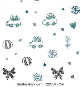 Dark Blue, Green vector seamless texture with birthday gifts. Illustration with a gradient toy car, heart, baloon, tulip, candy, ball. Pattern for new year ads.