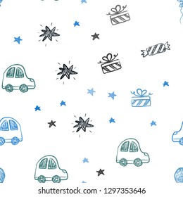 Dark Blue, Green vector seamless template in carnival style. Colorful illustration with a toy car, baloon, candy, star, ball. Pattern for new year ads.