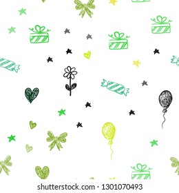 Dark Blue, Green vector seamless pattern in christmas style. Illustration with a colorfulheart, baloon, candy, gift, star, ribbon. Template for new year postcards.
