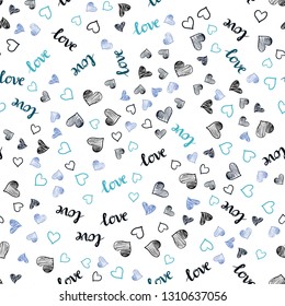 Dark Blue, Green vector seamless texture with words LOVE YOU, hearts. Illustration with words of love, hearts in abstract style. Texture for window blinds, curtains.