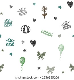 Dark Blue, Green vector seamless backdrop in holiday style. Design in xmas style with aheart, baloon, candy, gift, star, ribbon. Design for holiday adverts.