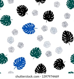 Dark Blue, Green vector seamless doodle backdrop with flowers, leaves. Sketchy doodles on white background. Design for textile, fabric, wallpapers.