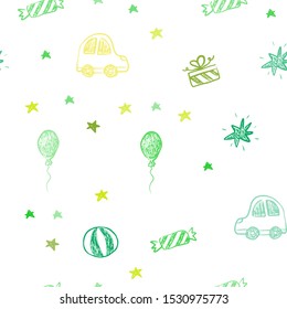 Dark Blue, Green vector seamless texture in birthday style. Colorful illustration with a toy car, baloon, candy, star, ball. Design for holiday adverts.