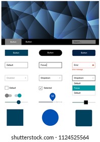 Dark Blue, Green vector style guide with triangles. Ui Ux kit with colorful polygonal background in its header. This template you can use for landing pages.