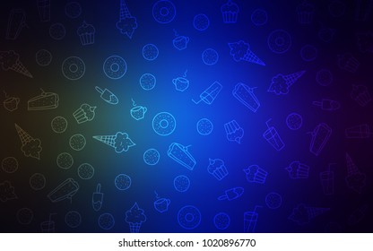 Dark Blue, Green vector template with sweet snacks. Confections on blurred abstract background with colorful gradient. Design for ad, poster, banner of cafes or restaurants.