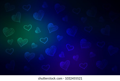 Dark Blue, Green vector template with doodle hearts. Glitter abstract illustration with colorful hearts in romantic style. Pattern for carnival, festival romantic leaflets.