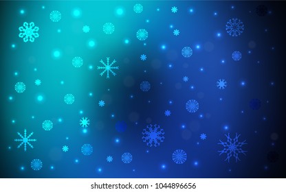 Dark Blue, Green vector template with ice snowflakes. Snow on blurred abstract background with gradient. The pattern can be used for new year ad, booklets.