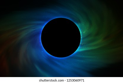 Dark Blue, Green vector template with a black hole, space. Colorful illustration of a black hole on a starry backdrop. Backdrop for ads, leaflets of Black Friday.